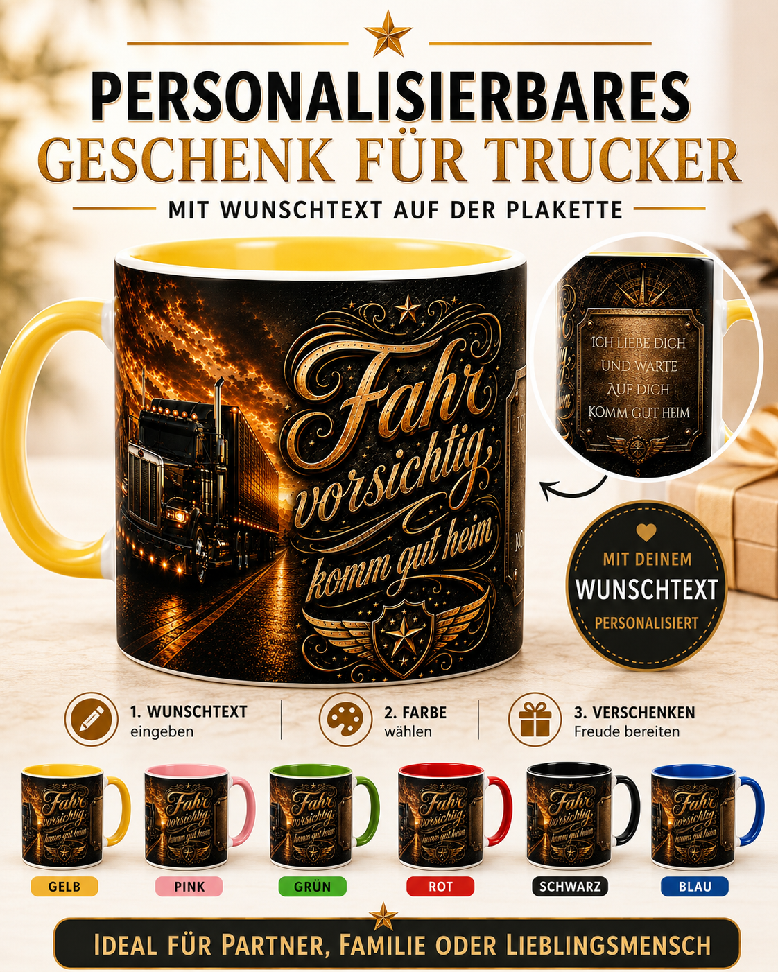Personalisierte LKW Fahrer Tasse „Fahr vorsichtig, komm gut heim“